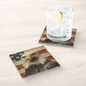 Bald Eagle over Amerikaanse vlag Glazen Onderzetter (Schuin)