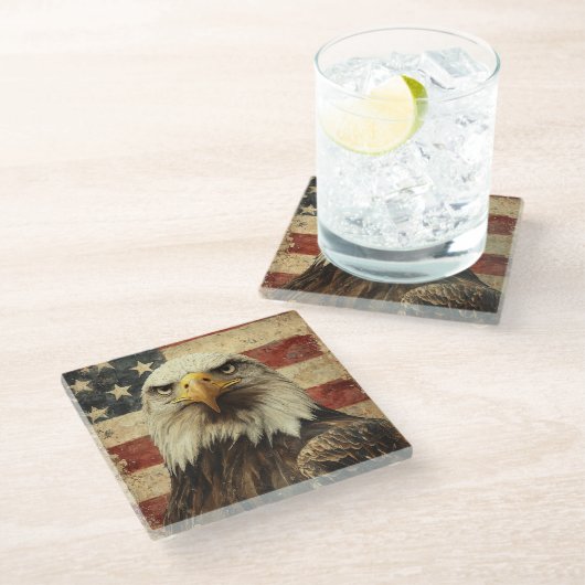 Bald Eagle over Amerikaanse vlag Glazen Onderzetter (Schuin)