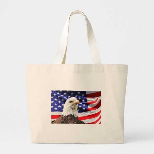 Bald Eagle over Amerikaanse vlag Grote Tote Bag (Voorkant)
