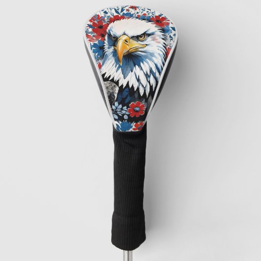 Bald Eagle Rood Wit en Blauw Bloemen USA Golfheadcover (Voorkant)
