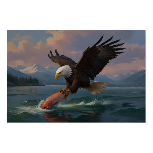 Bald Eagle vangt een zalm in de schemering Perfect Poster