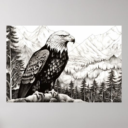 Bald Eagle Vreedzame Natuur Prairie Schets Tekenin Poster (Voorkant)