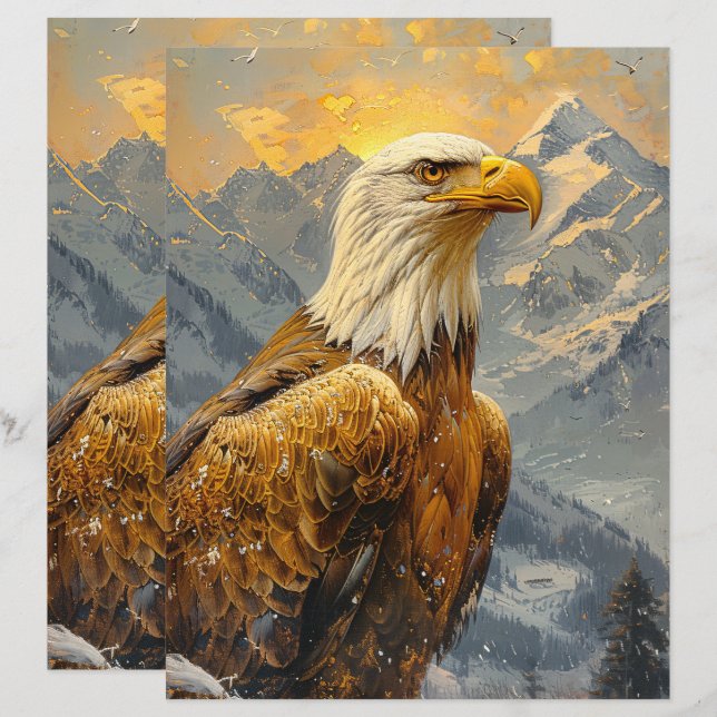 Bald Eagle Waterverf Bergen Scrapbook Papier (Voorkant / Achterkant)