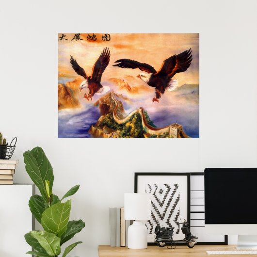 Bald Eagles over de Grote Muur van China Poster (Thuiskantoor)