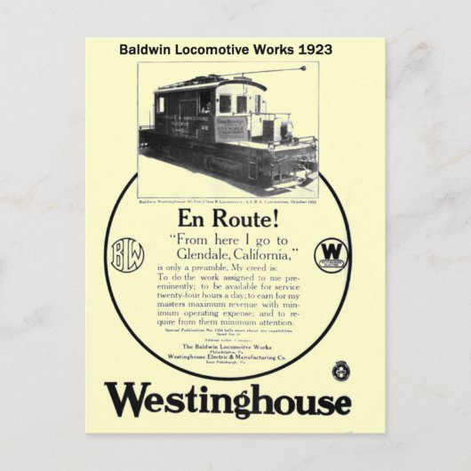 Baldwin-Westinghouse Locomotive 1923 Briefkaart (Voorkant)