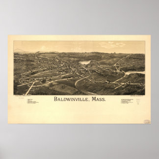 Baldwinville Mass. 1886 Antiek panoramische kaart Poster