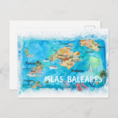 Balearen geïllustreerde reiskaart briefkaart (Voorkant / Achterkant)