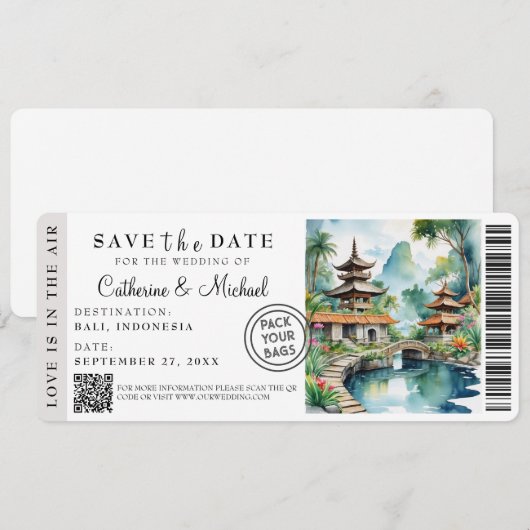 Bali Indonesia Boarding Pass Destination Save The Date (Voorkant / Achterkant)