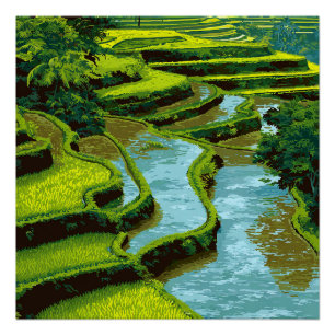 Bali Indonesië Groene Rijstterrassen Vintage Reis Perfect Poster