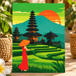 Bali Indonesië Zonsondergang Tempel en Rijstterras Briefkaart