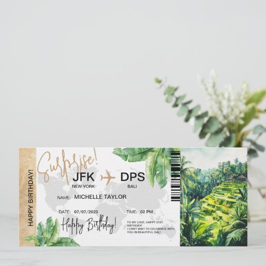 Bali Retreat Surprise Verjaardag Boarding Pass Kaart (Staand voorkant)