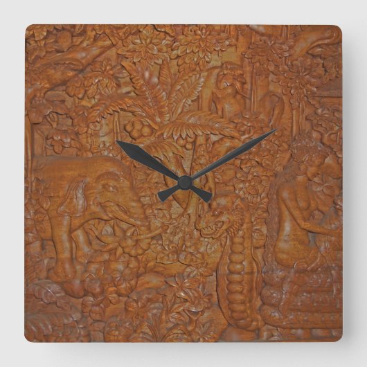 Bali Wood Carving Vierkante Klok (Voorkant)