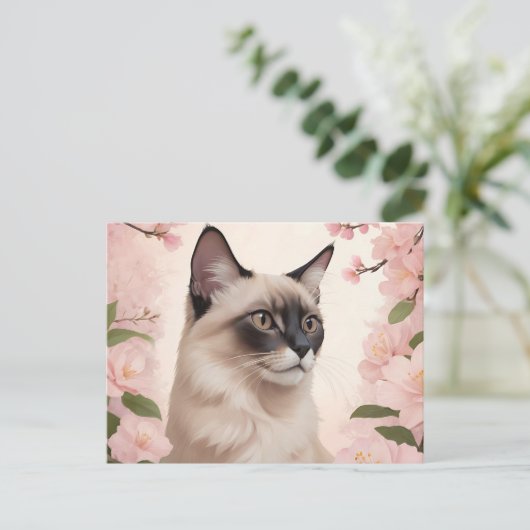 Balinees kattenportret met bloeiende bloemen briefkaart (Staand voorkant)
