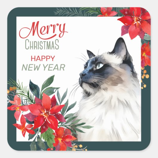 Balinese kat Poinsettia Border Christmas Vierkante Sticker (Voorkant)