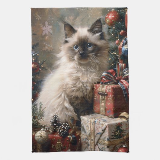 Balinese kitten kerstkat portretkunst theedoek (Verticaal)