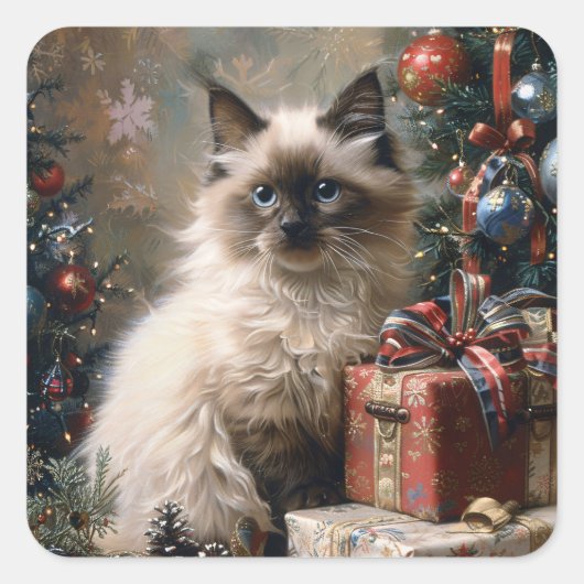 Balinese kitten kerstkat portretkunst vierkante sticker (Voorkant)