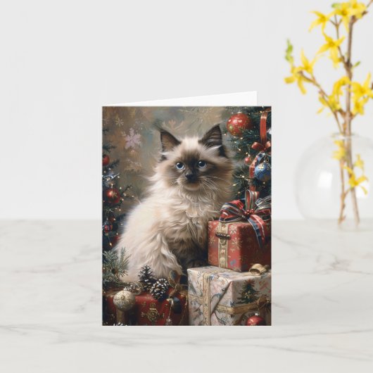 Balinese Kittens Kerstmis Kat Portret Kunst Kaart (Gele Bloem)
