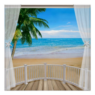Balkon met uitzicht op strand en oceaan perfect poster