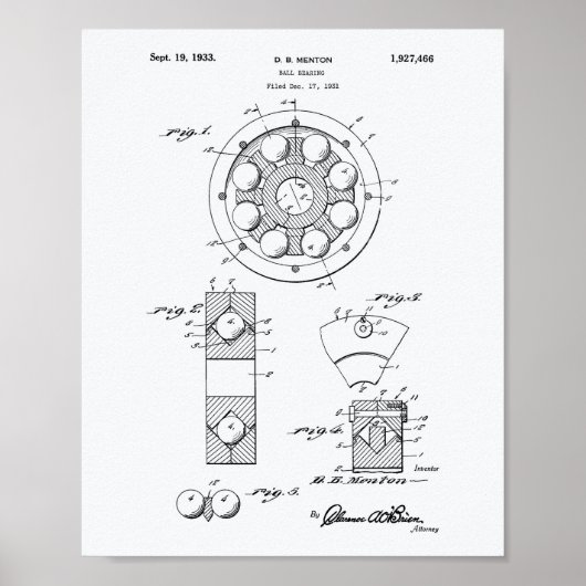 Ball Bearing 1933 Patent Art Witboek Poster (Voorkant)