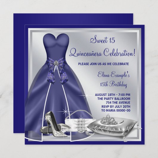 Ball Gown High Heels Royal Blue Quinceanera Kaart (Voorkant / Achterkant)