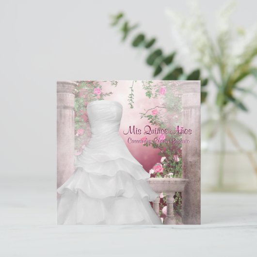 Ball Gown Pink Rose Quinceanera Kaart (Staand voorkant)