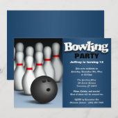 Ball & Pins Blue Bowling Birthday Party Uitnodigin Kaart (Voorkant / Achterkant)