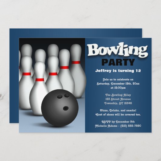 Ball & Pins Blue Bowling Birthday Party Uitnodigin Kaart (Voorkant / Achterkant)