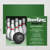Ball & Pins Green Bowling Birthday Party Kaart (Voorkant / Achterkant)