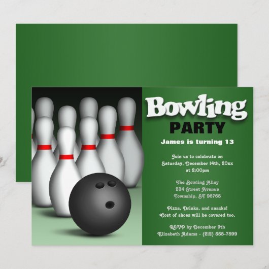 Ball & Pins Green Bowling Birthday Party Kaart (Voorkant / Achterkant)