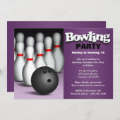 Ball & Pins Paarse Bowling Birthday Party Kaart (Voorkant / Achterkant)