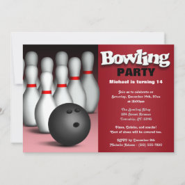 Ball & Pins Red Bowling Birthday Party Uitnodiging