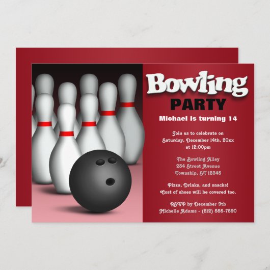 Ball & Pins Red Bowling Birthday Party Uitnodiging (Voorkant / Achterkant)