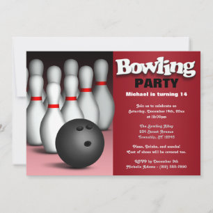 Ball & Pins Red Bowling Birthday Party Uitnodiging