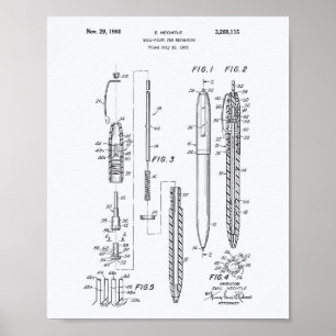 Ball Point Pen 1966 Patent Art White Paper Poster