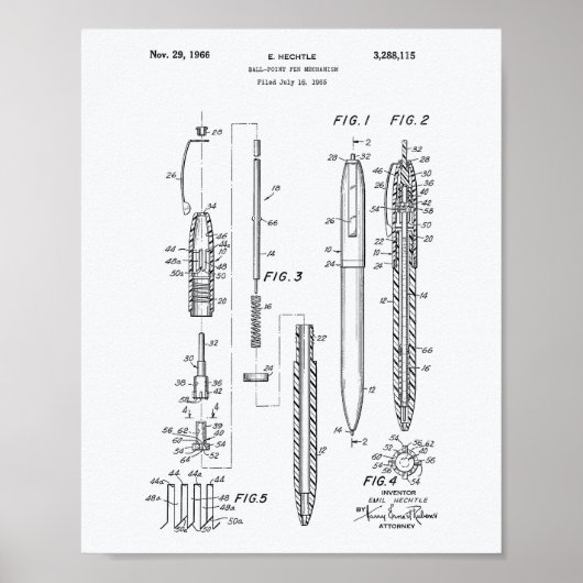 Ball Point Pen 1966 Patent Art White Paper Poster (Voorkant)
