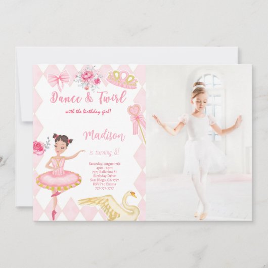 Ballerina 8e verjaardagsfoto uitnodiging  (Voorkant)