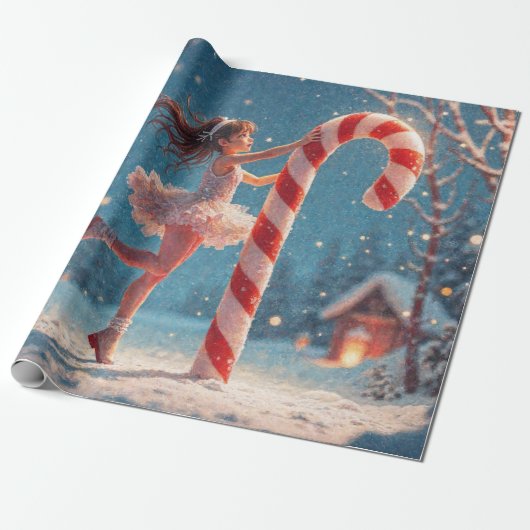 Ballerina Anime Girl & Candy Cane Kerstmis Cadeaupapier (Uitgerold)