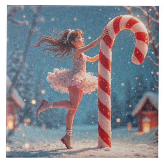 Ballerina Anime Girl & Candy Cane Kerstmis Tegeltje (Voorkant)