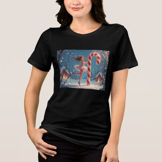 Ballerina Anime Girl & Candy Cane Kerstmis Tri-Blend Shirt (Voorkant)