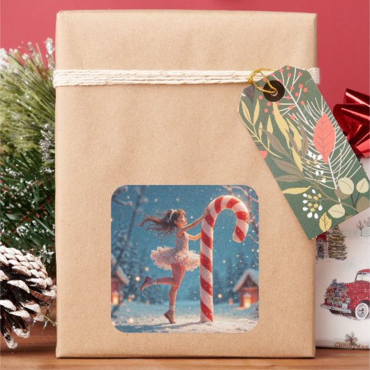 Ballerina Anime Girl & Candy Cane Kerstmis Vierkante Sticker (Feestdagen)