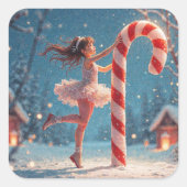Ballerina Anime Girl & Candy Cane Kerstmis Vierkante Sticker (Voorkant)