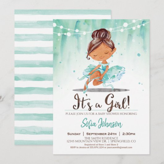 Ballerina Baby shower Girl Mint Invitation Kaart (Voorkant / Achterkant)