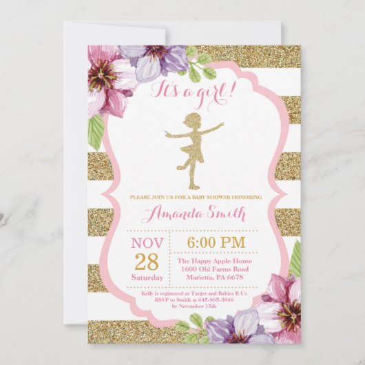 Ballerina Baby shower Roze en Gold Glitter Kaart (Voorkant)