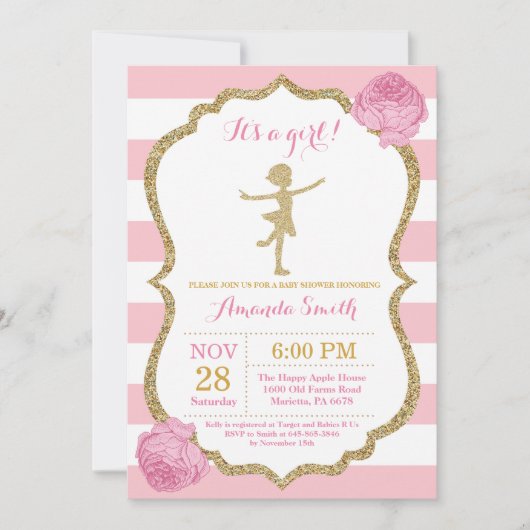 Ballerina Baby shower Roze en Gold Glitter Kaart (Voorkant)