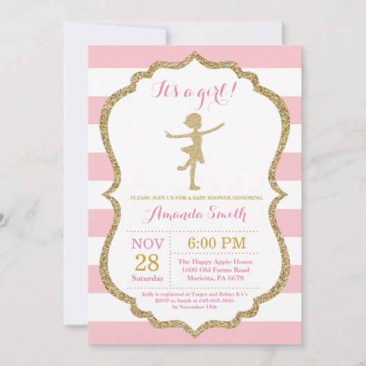 Ballerina Baby shower Roze en Gold Glitter Kaart (Voorkant)