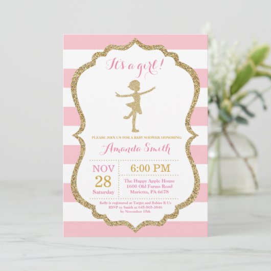Ballerina Baby shower Roze en Gold Glitter Kaart (Staand voorkant)