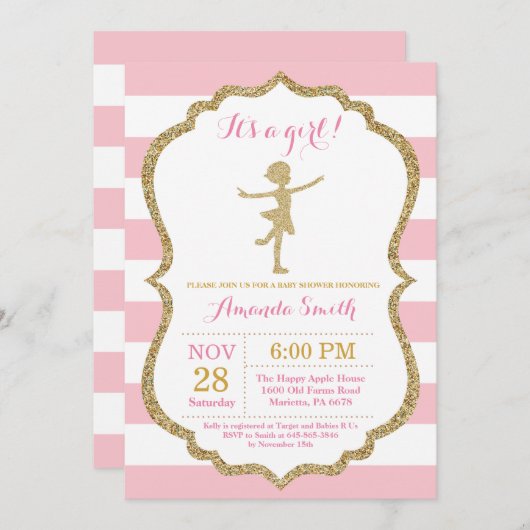 Ballerina Baby shower Roze en Gold Glitter Kaart (Voorkant / Achterkant)