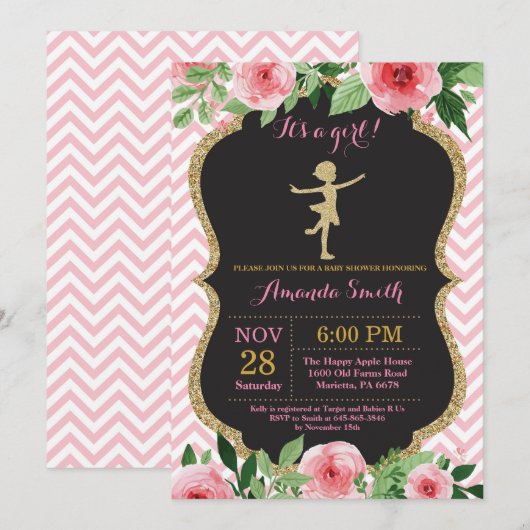 Ballerina Baby shower Roze en Gold Glitter Kaart (Voorkant / Achterkant)