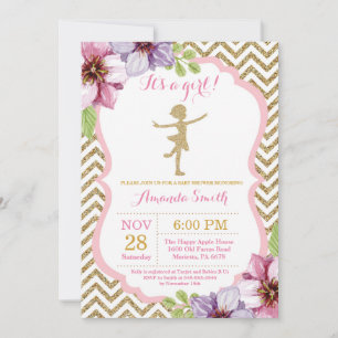 Ballerina Baby Shower Roze en Gouden Glitters Kaart