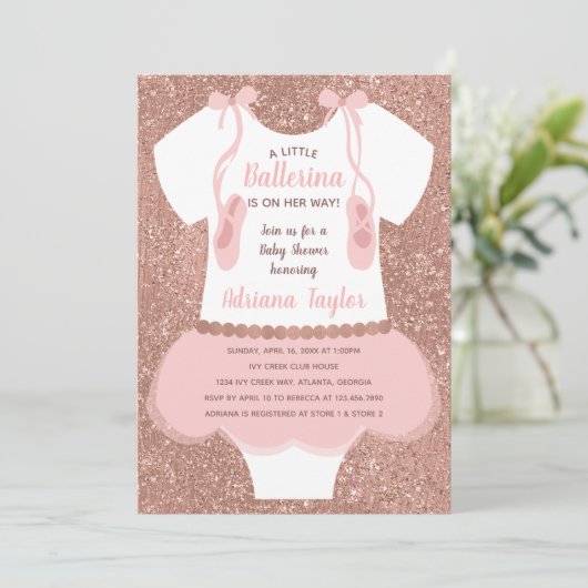 Ballerina Baby shower Uitnodiging, Roos Gold Kaart (Staand voorkant)